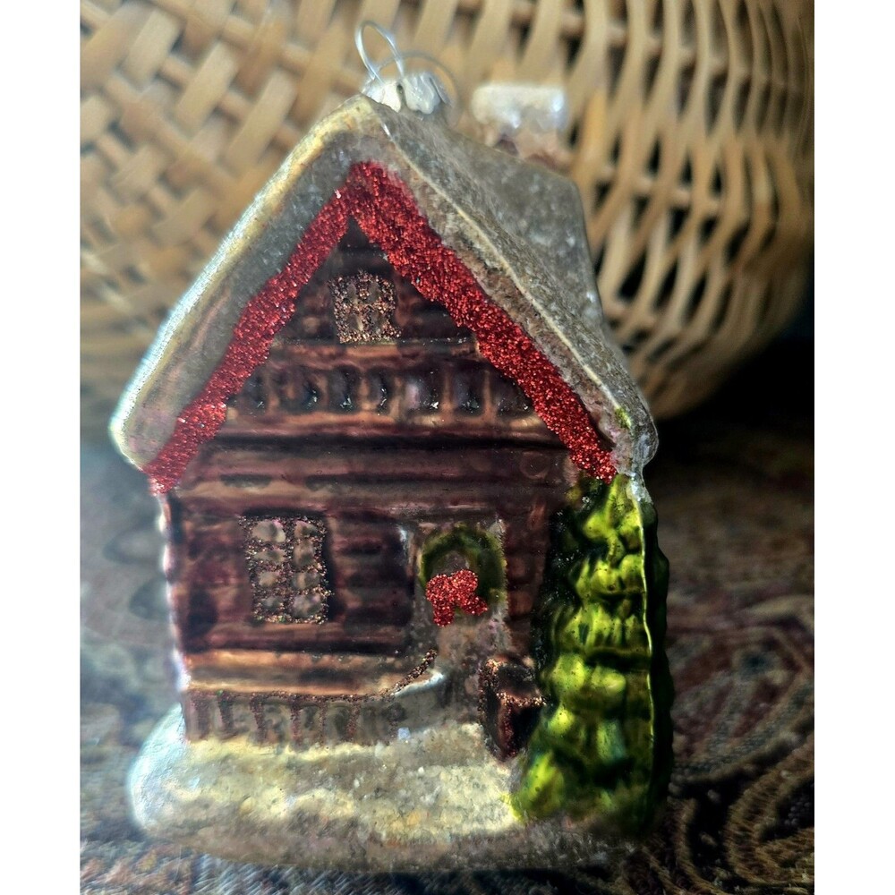 Log Cabin Hand Painted Glass Christmas Ornament
